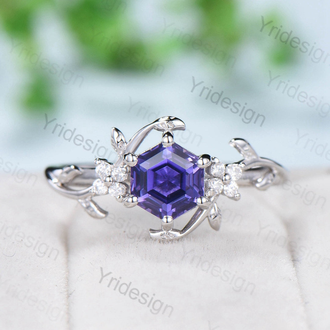 Hexagon Cut Lab Purple Sapphire Ring - Nature Inspired Leaf Vine Band - PENFINE