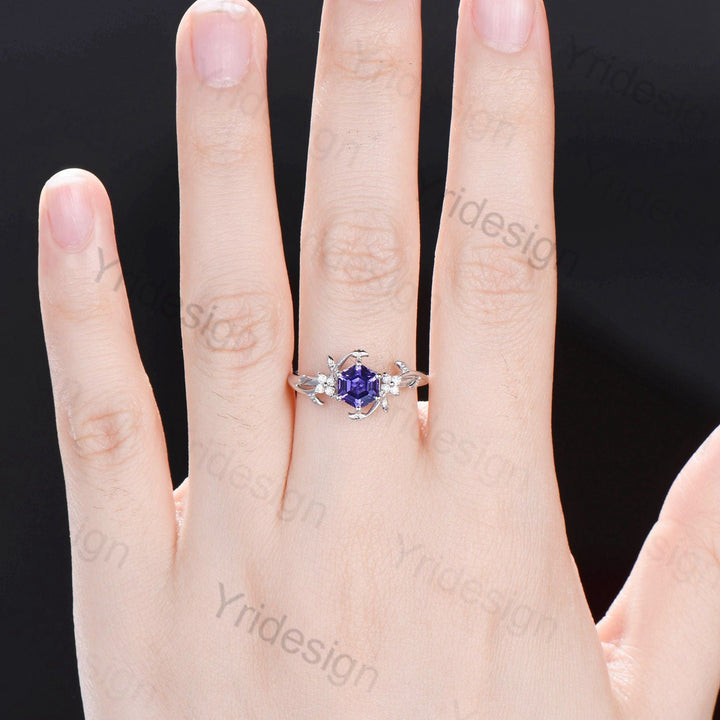 Hexagon Cut Lab Purple Sapphire Ring - Nature Inspired Leaf Vine Band - PENFINE