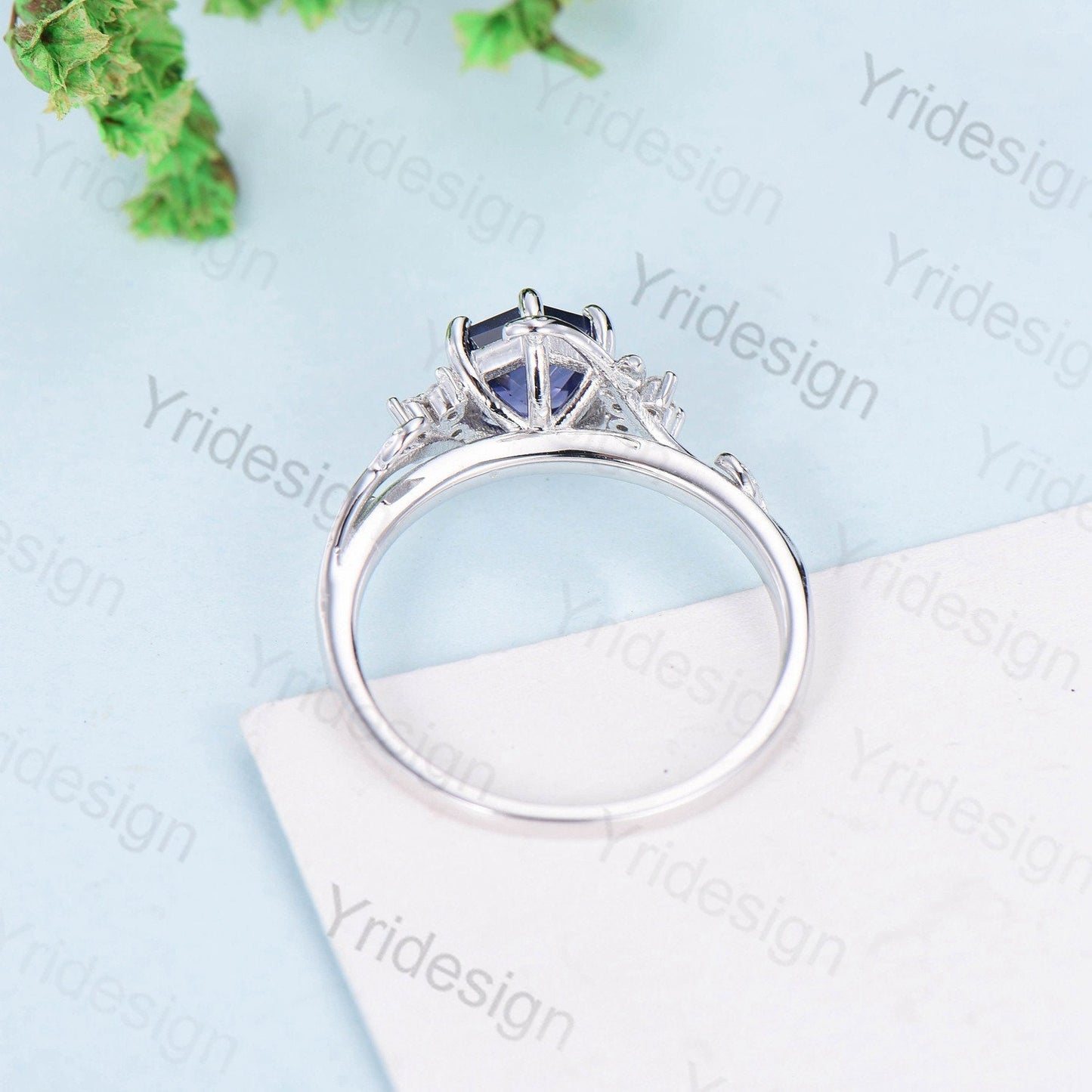 Hexagon Cut Lab Purple Sapphire Ring - Nature Inspired Leaf Vine Band - PENFINE