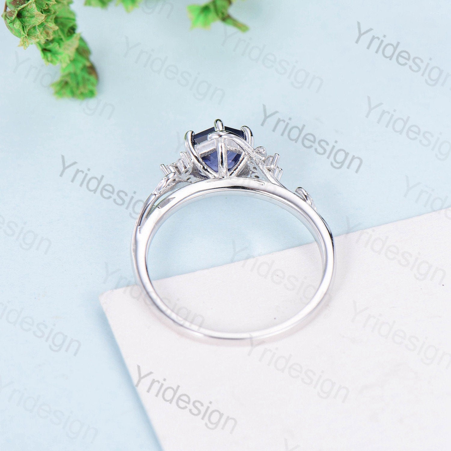 Hexagon Cut Lab Purple Sapphire Ring - Nature Inspired Leaf Vine Band - PENFINE