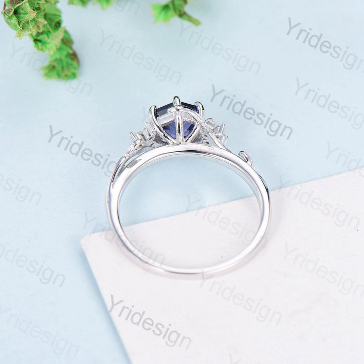 Hexagon Cut Lab Purple Sapphire Ring - Nature Inspired Leaf Vine Band - PENFINE