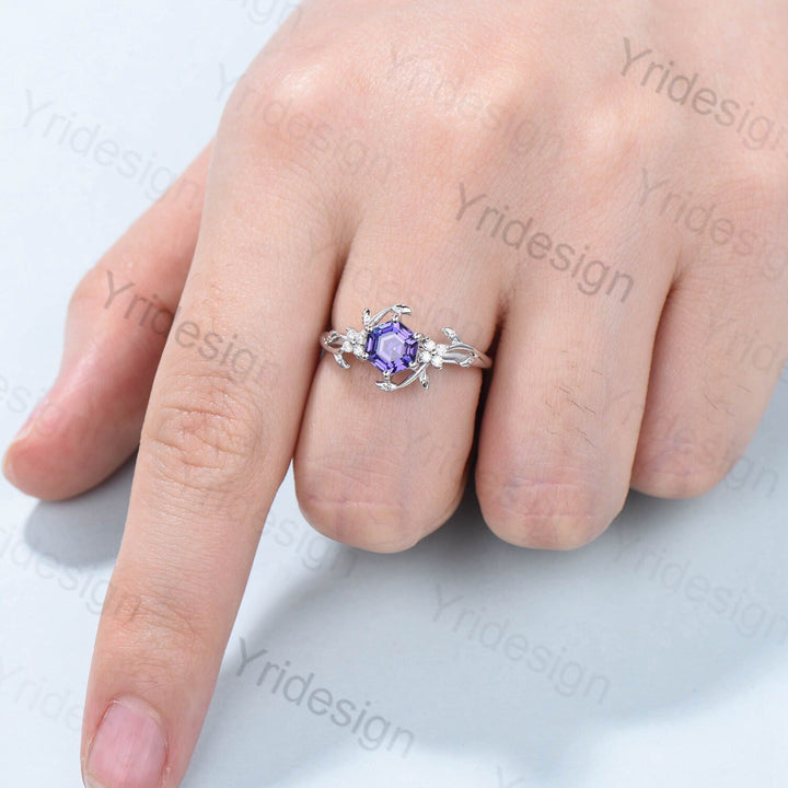 Hexagon Cut Lab Purple Sapphire Ring - Nature Inspired Leaf Vine Band - PENFINE