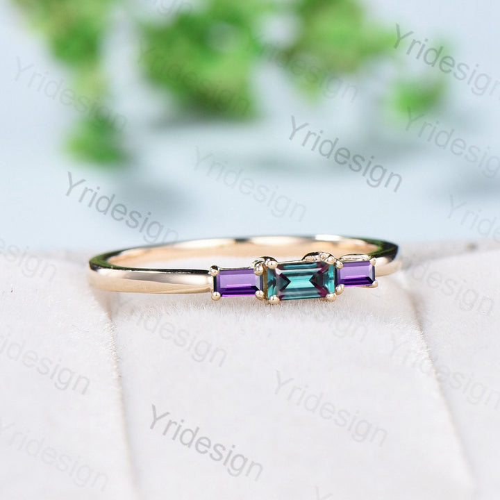 Baguette Alexandrite Amethyst Ring, Three Stone Stacking Band - PENFINE