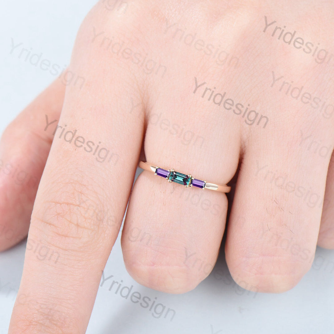 Baguette Alexandrite Amethyst Ring, Three Stone Stacking Band - PENFINE