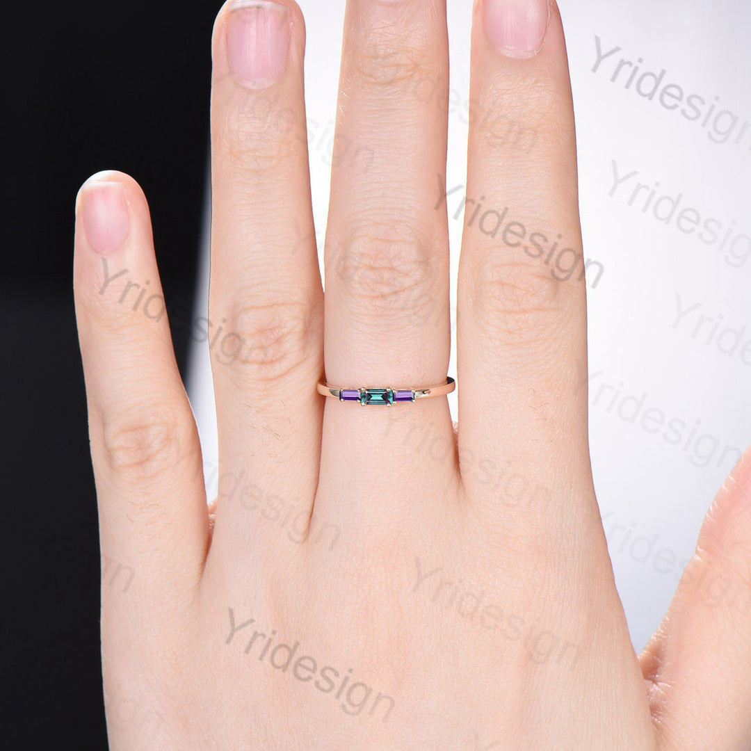 Baguette Alexandrite Amethyst Ring, Three Stone Stacking Band - PENFINE