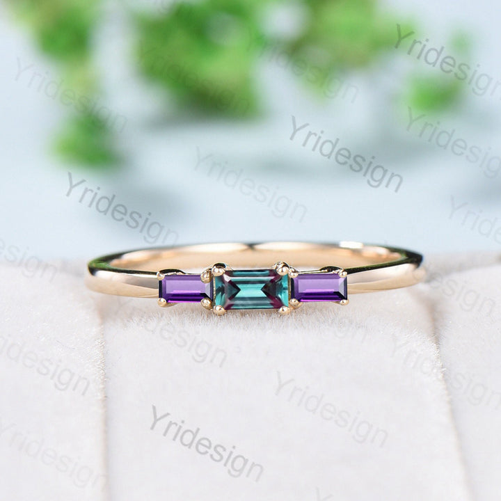 Baguette Alexandrite Amethyst Ring, Three Stone Stacking Band - PENFINE