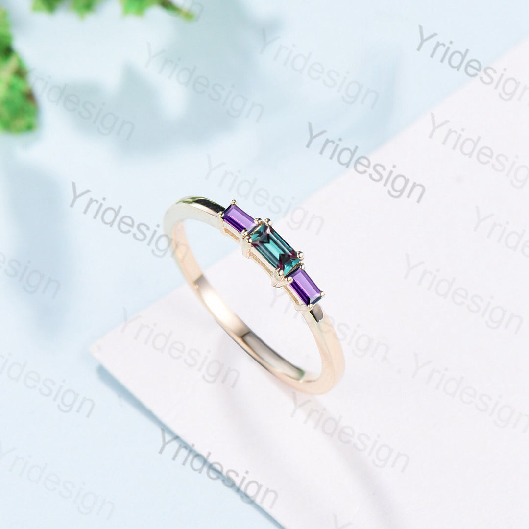 Baguette Alexandrite Amethyst Ring, Three Stone Stacking Band - PENFINE