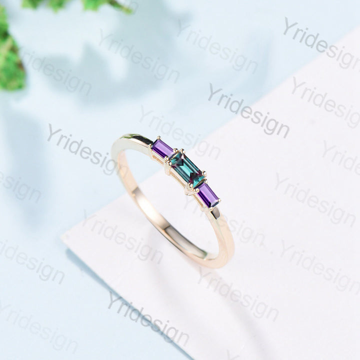 Baguette Alexandrite Amethyst Ring, Three Stone Stacking Band - PENFINE