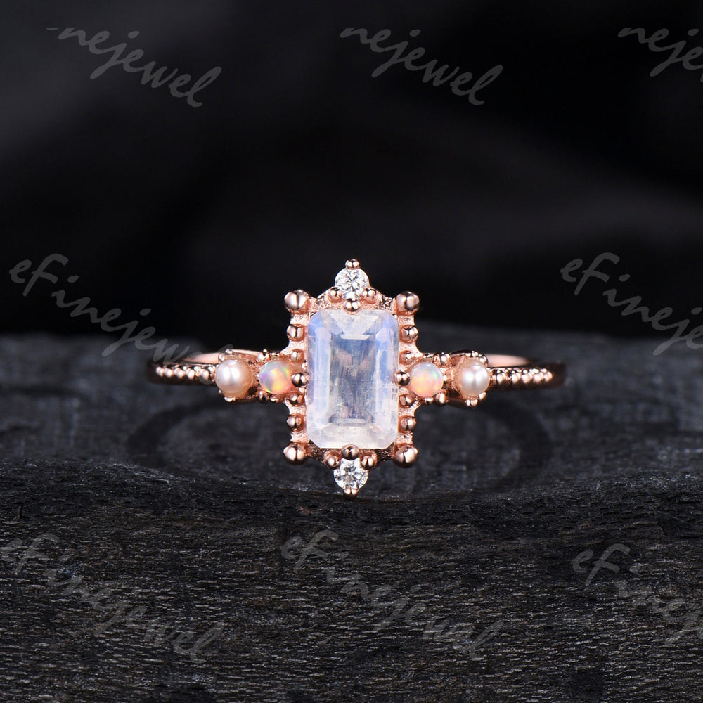 Emerald Cut Moonstone Ring, Opal Pearl, Art Deco Fine Jewelry - PENFINE