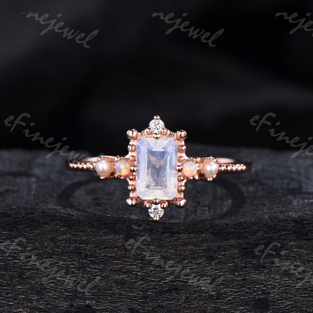 Emerald Cut Moonstone Ring, Opal Pearl, Art Deco Fine Jewelry - PENFINE