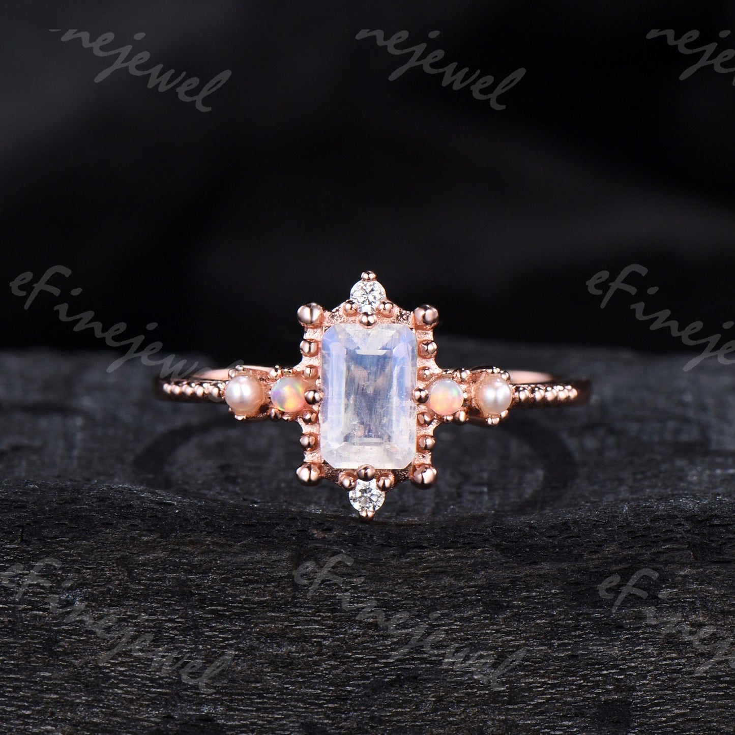 Emerald Cut Moonstone Ring, Opal Pearl, Art Deco Fine Jewelry - PENFINE