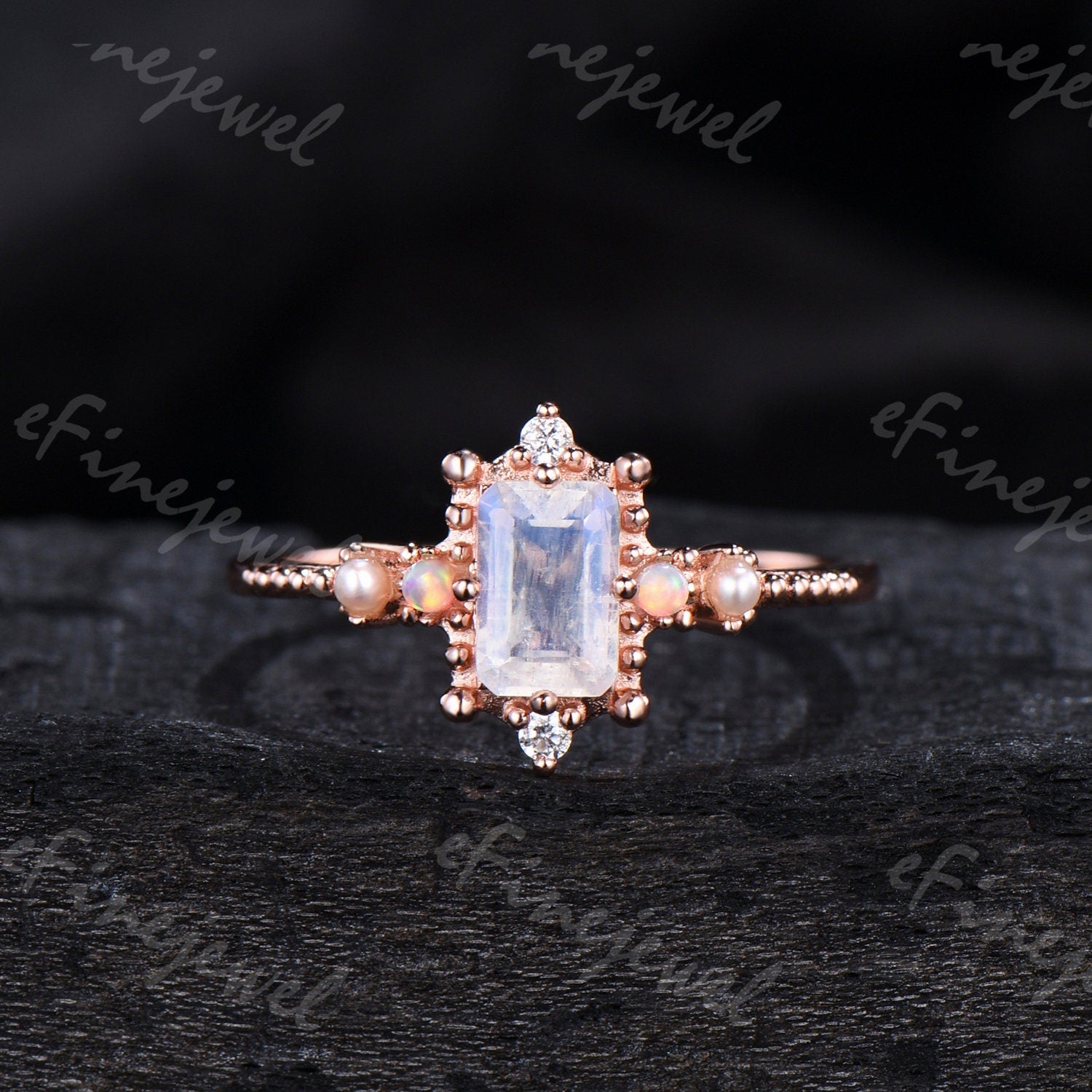 Emerald Cut Moonstone Ring, Opal Pearl, Art Deco Fine Jewelry - PENFINE