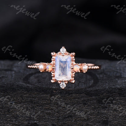 Emerald Cut Moonstone Ring, Opal Pearl, Art Deco Fine Jewelry - PENFINE