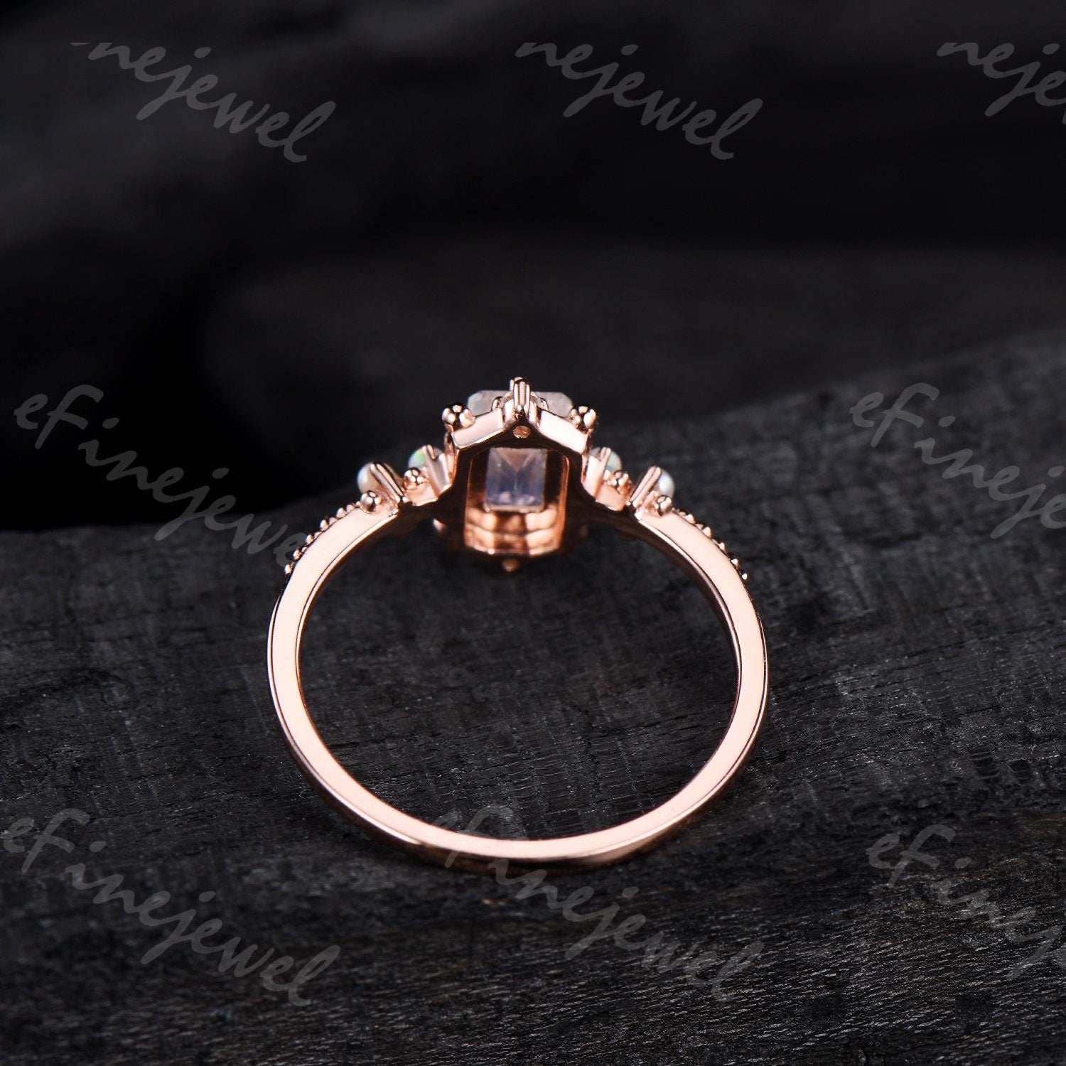 Emerald Cut Moonstone Ring, Opal Pearl, Art Deco Fine Jewelry - PENFINE
