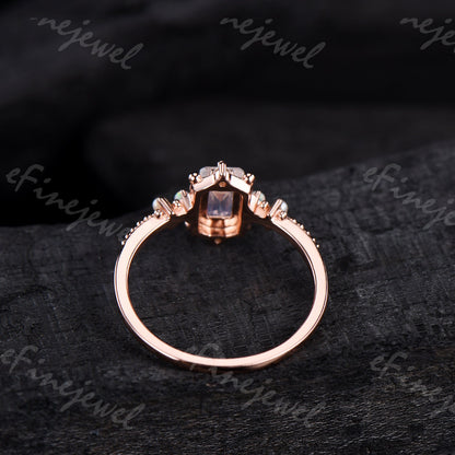 Emerald Cut Moonstone Ring, Opal Pearl, Art Deco Fine Jewelry - PENFINE