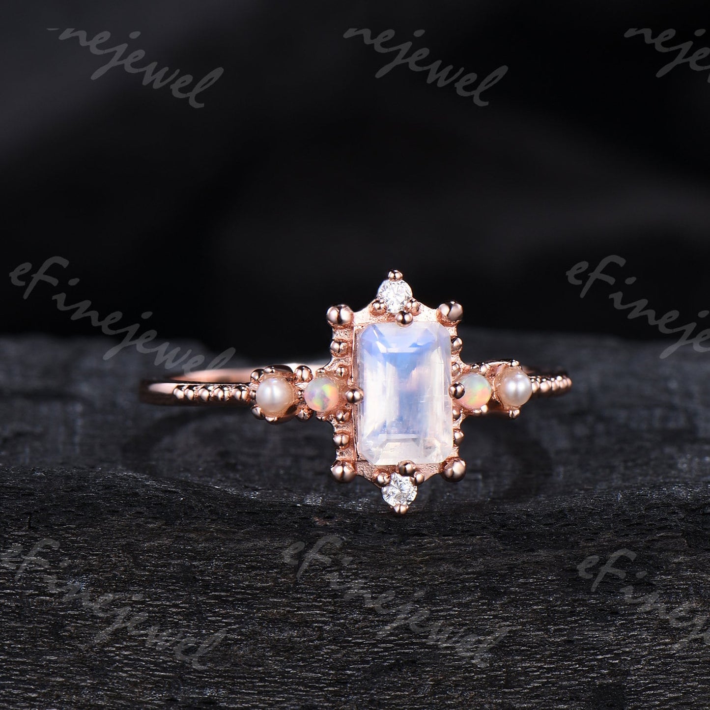 Emerald Cut Moonstone Ring, Opal Pearl, Art Deco Fine Jewelry - PENFINE