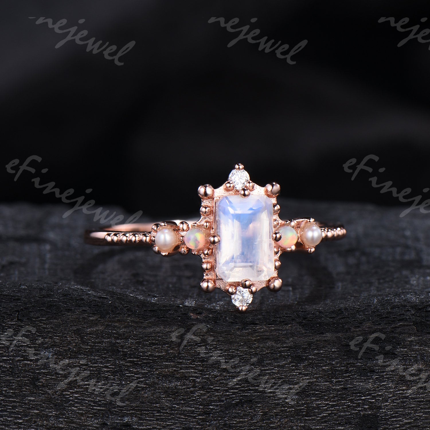 Emerald Cut Moonstone Ring, Opal Pearl, Art Deco Fine Jewelry - PENFINE