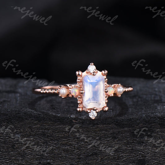Emerald Cut Moonstone Ring, Opal Pearl, Art Deco Fine Jewelry - PENFINE