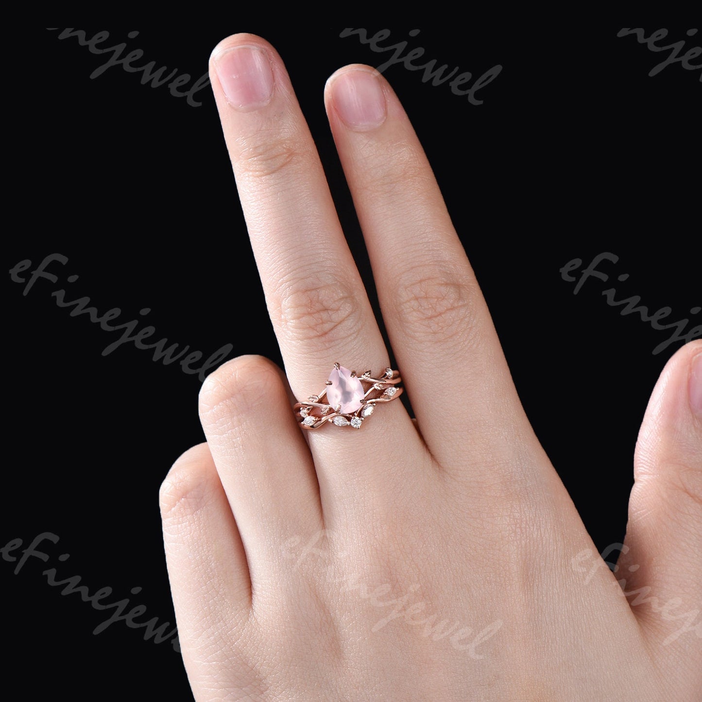 Rose Quartz Engagement Ring Set: Vintage Leaf Twig Bridal Set