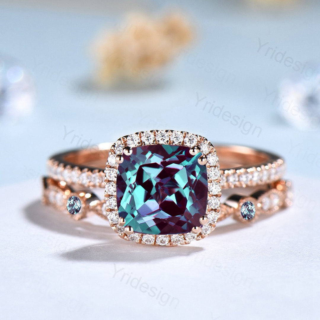 Vintage Cushion alexandrite wedding ring set 14k rose gold vintage alexandrite engagement ring set women Art deco halo diamond bridal set - PENFINE