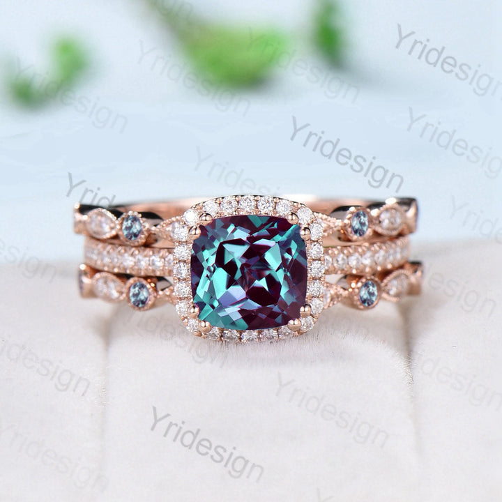 Vintage Cushion alexandrite wedding ring set 14k rose gold vintage alexandrite engagement ring set women Art deco halo diamond bridal set - PENFINE