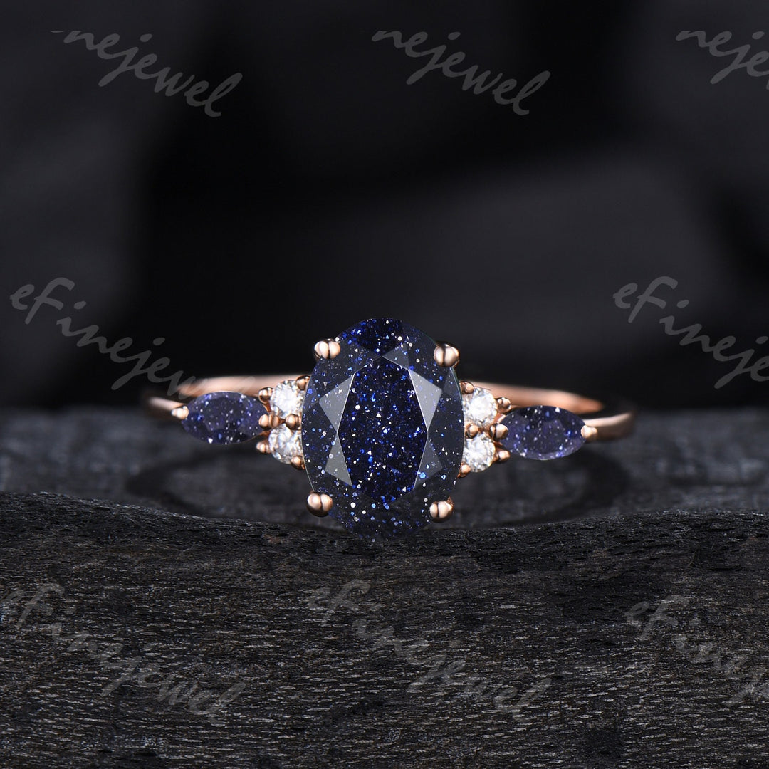 Blue Sandstone Engagement Ring Set, Vintage Marquise, Rose Gold - PENFINE