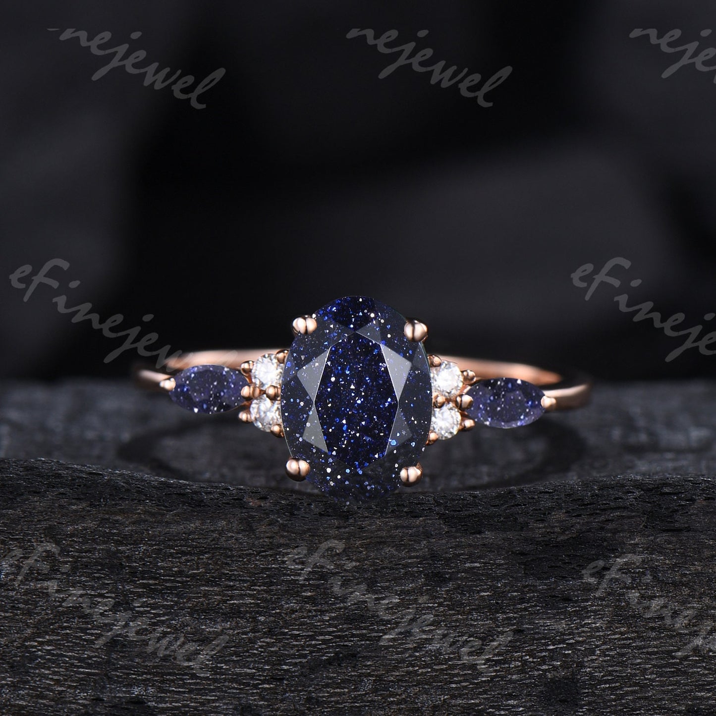 Blue Sandstone Engagement Ring Set, Vintage Marquise, Rose Gold - PENFINE