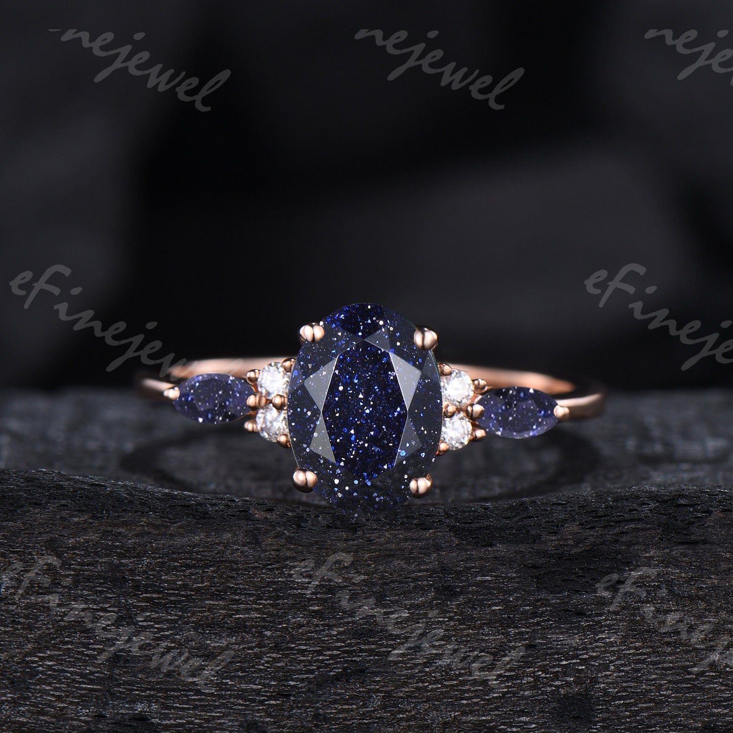 Blue Sandstone Engagement Ring Set, Vintage Marquise, Rose Gold - PENFINE