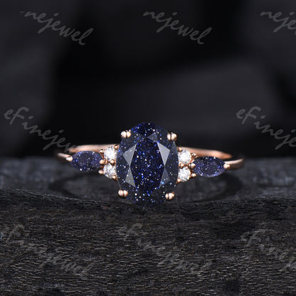 Blue Sandstone Engagement Ring Set, Vintage Marquise, Rose Gold - PENFINE