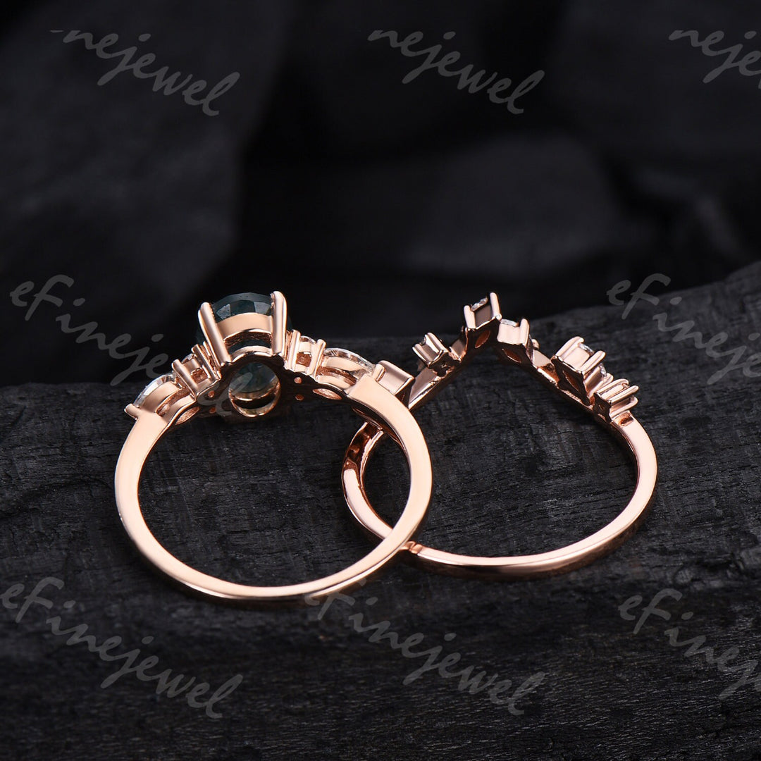 Blue Sandstone Engagement Ring Set, Vintage Marquise, Rose Gold - PENFINE