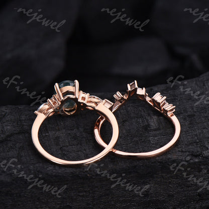 Blue Sandstone Engagement Ring Set, Vintage Marquise, Rose Gold - PENFINE