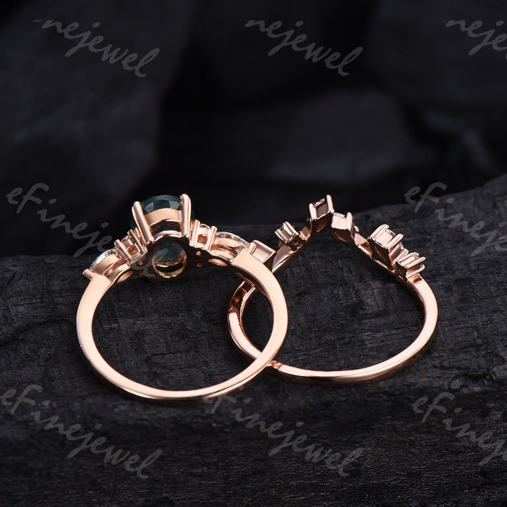Blue Sandstone Engagement Ring Set, Vintage Marquise, Rose Gold - PENFINE