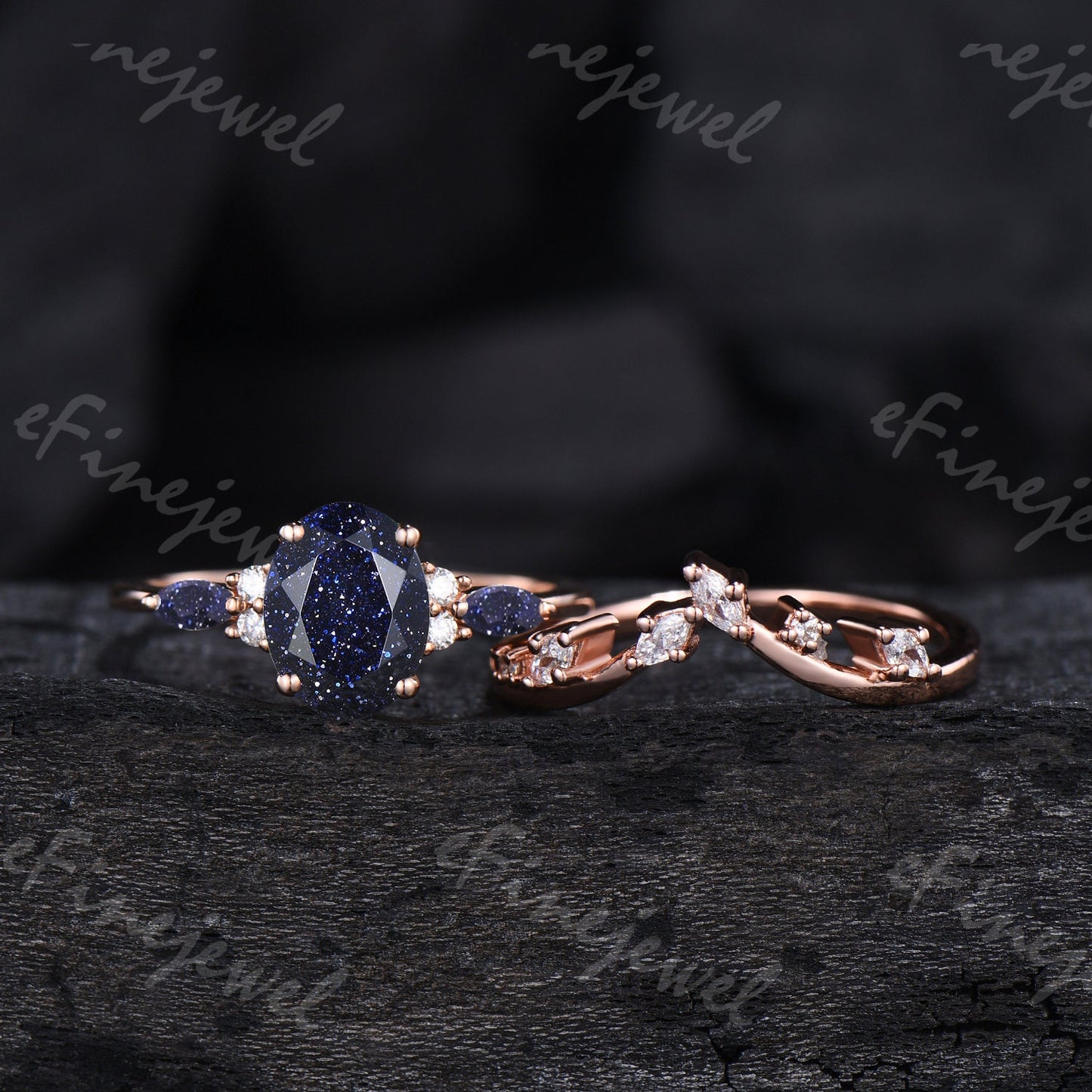 Blue Sandstone Engagement Ring Set, Vintage Marquise, Rose Gold - PENFINE