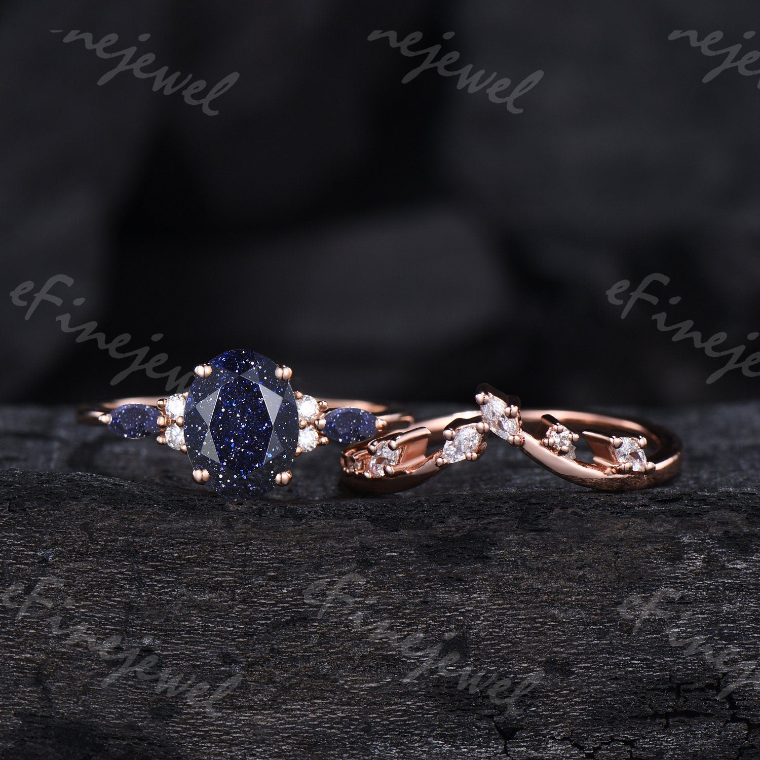 Blue Sandstone Engagement Ring Set, Vintage Marquise, Rose Gold - PENFINE