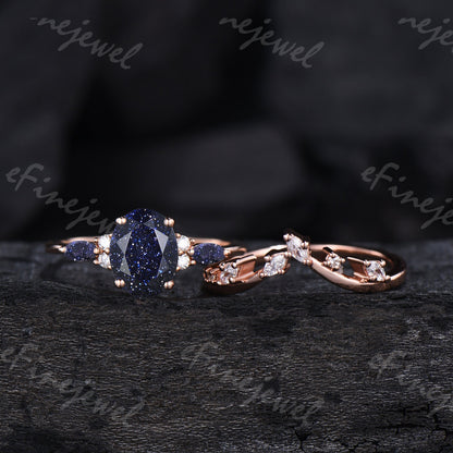 Blue Sandstone Engagement Ring Set, Vintage Marquise, Rose Gold - PENFINE
