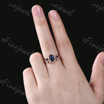 Blue Sandstone Engagement Ring Set, Vintage Marquise, Rose Gold - PENFINE