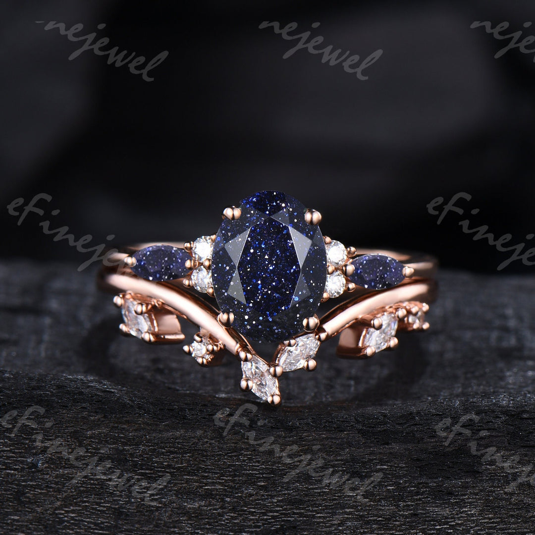 Blue Sandstone Engagement Ring Set, Vintage Marquise, Rose Gold - PENFINE