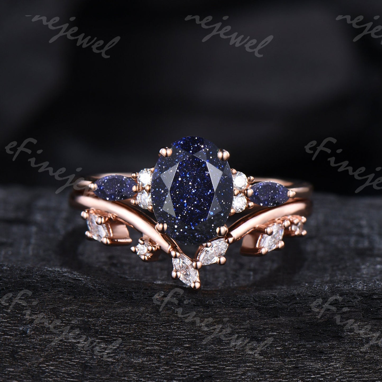 Blue Sandstone Engagement Ring Set, Vintage Marquise, Rose Gold - PENFINE
