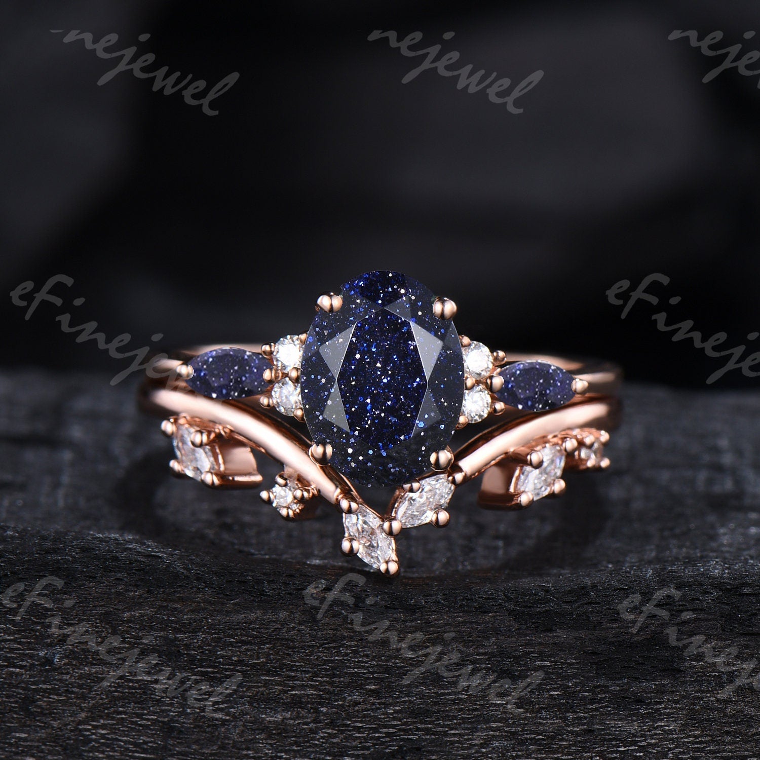 Blue Sandstone Engagement Ring Set, Vintage Marquise, Rose Gold - PENFINE
