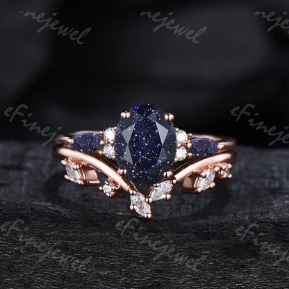 Blue Sandstone Engagement Ring Set, Vintage Marquise, Rose Gold - PENFINE