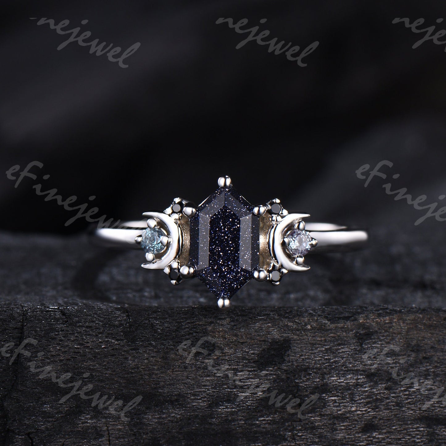 Hexagon Blue Sandstone Ring, Crescent Moon Goldstone, Black Spinel - PENFINE