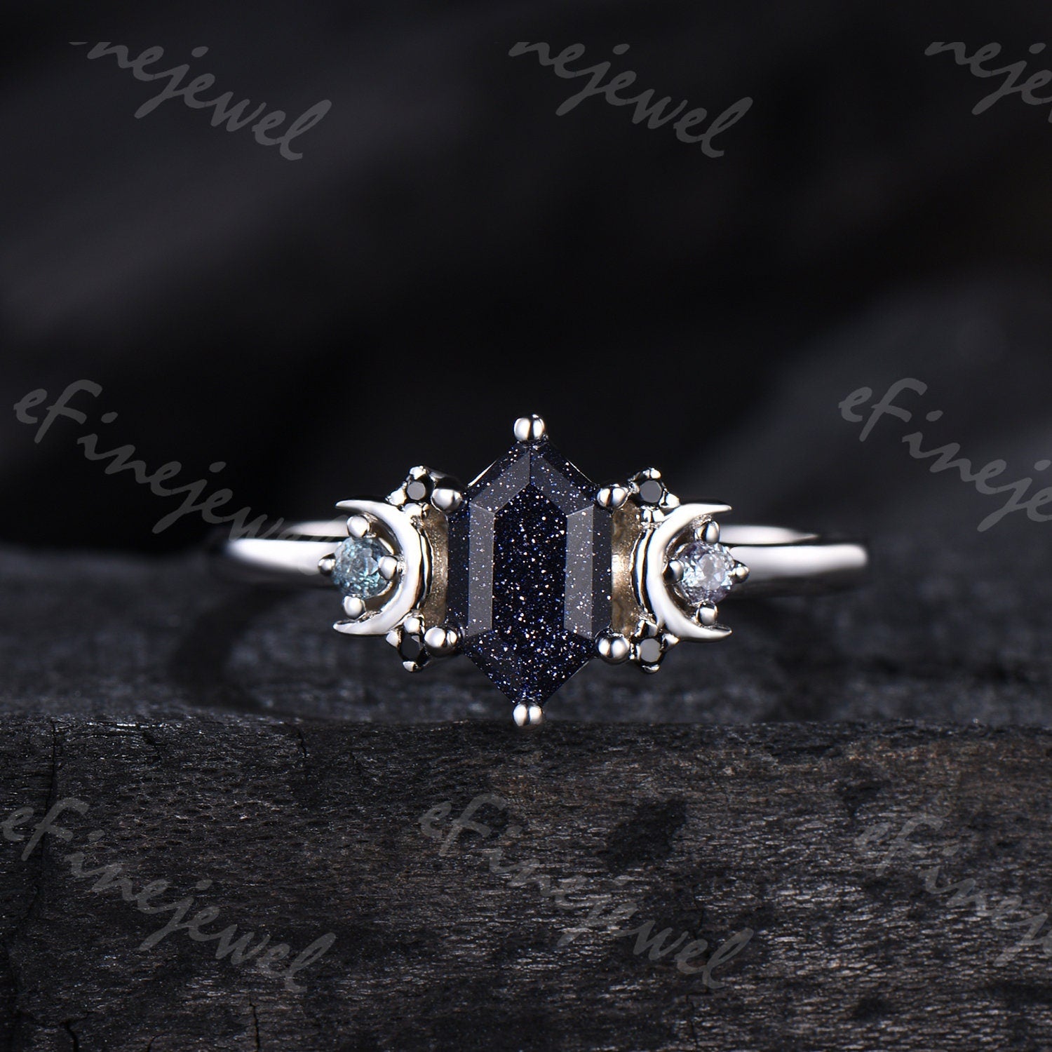 Hexagon Blue Sandstone Ring, Crescent Moon Goldstone, Black Spinel - PENFINE