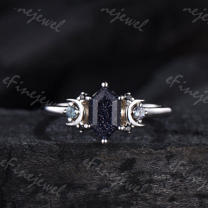 Hexagon Blue Sandstone Ring, Crescent Moon Goldstone, Black Spinel - PENFINE