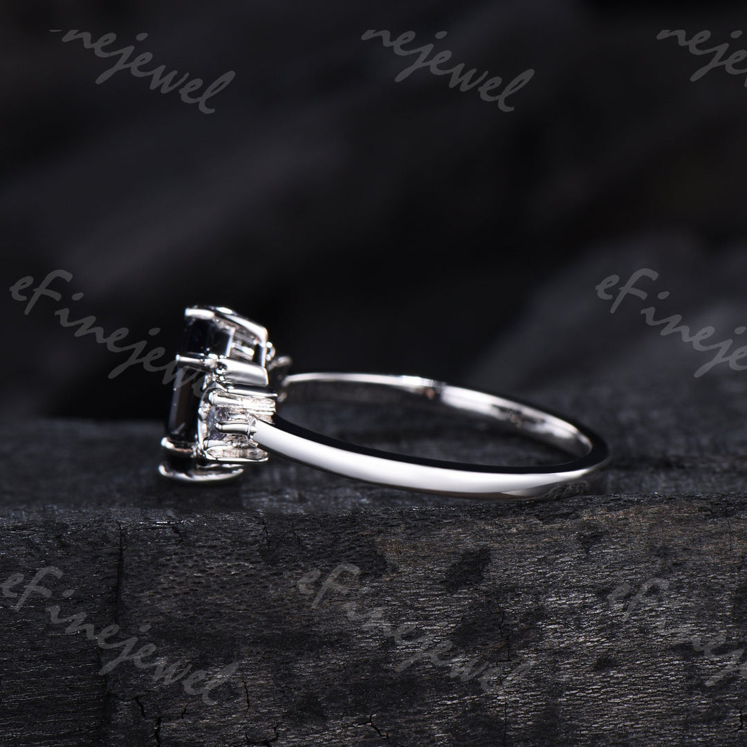Hexagon Blue Sandstone Ring, Crescent Moon Goldstone, Black Spinel - PENFINE