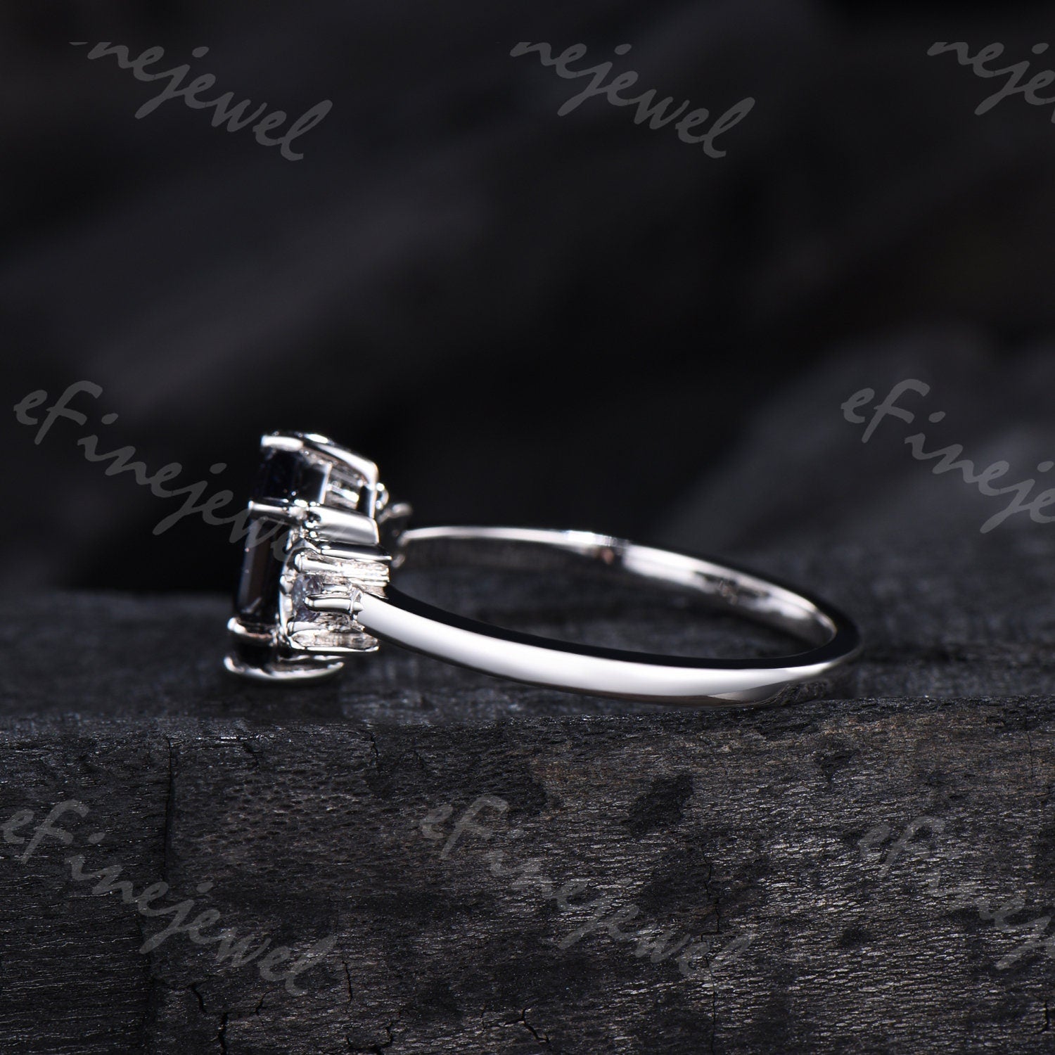 Hexagon Blue Sandstone Ring, Crescent Moon Goldstone, Black Spinel - PENFINE