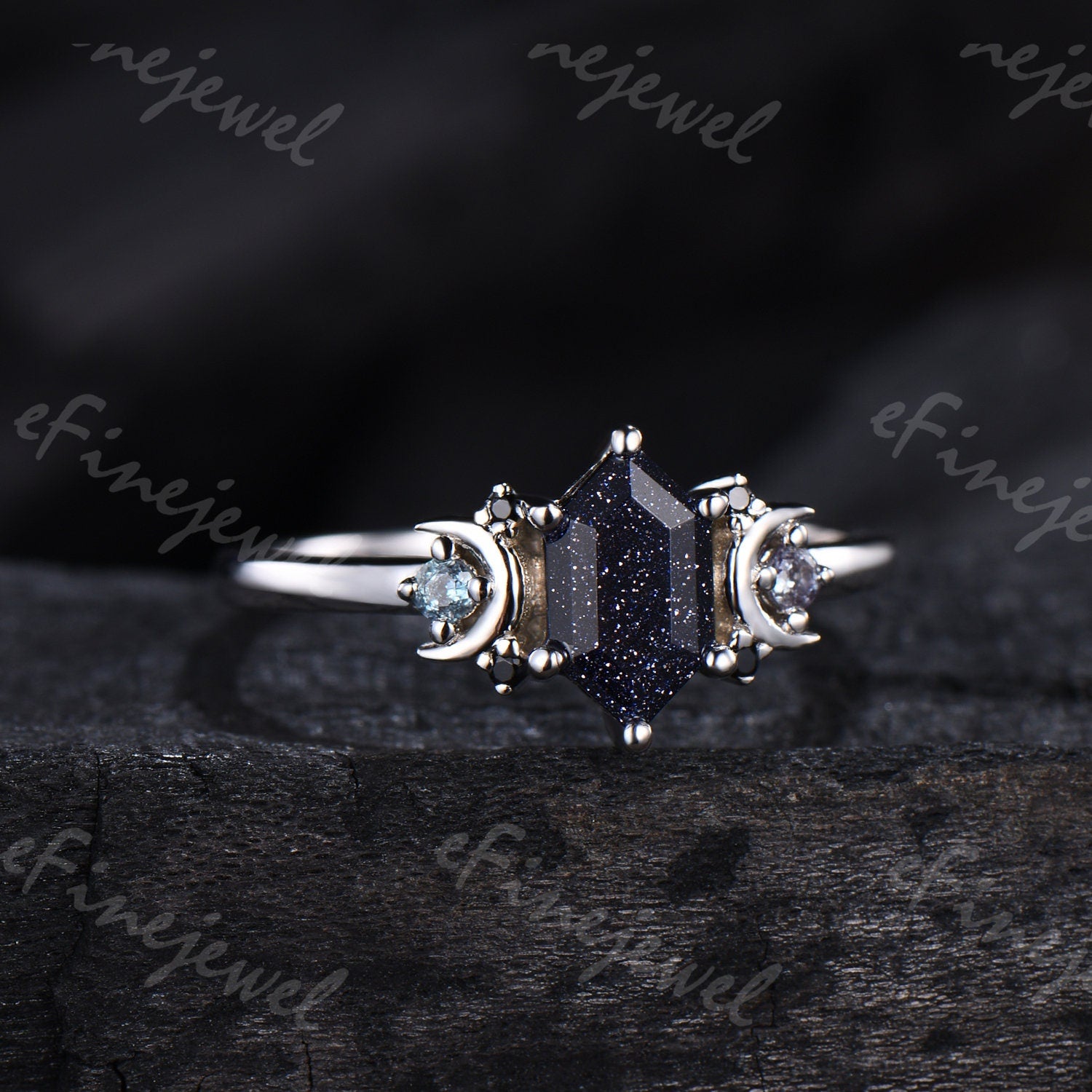 Hexagon Blue Sandstone Ring, Crescent Moon Goldstone, Black Spinel - PENFINE