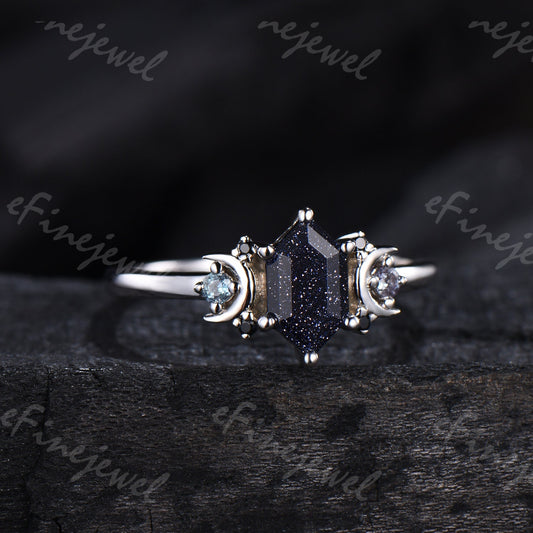 Hexagon Blue Sandstone Ring, Crescent Moon Goldstone, Black Spinel - PENFINE