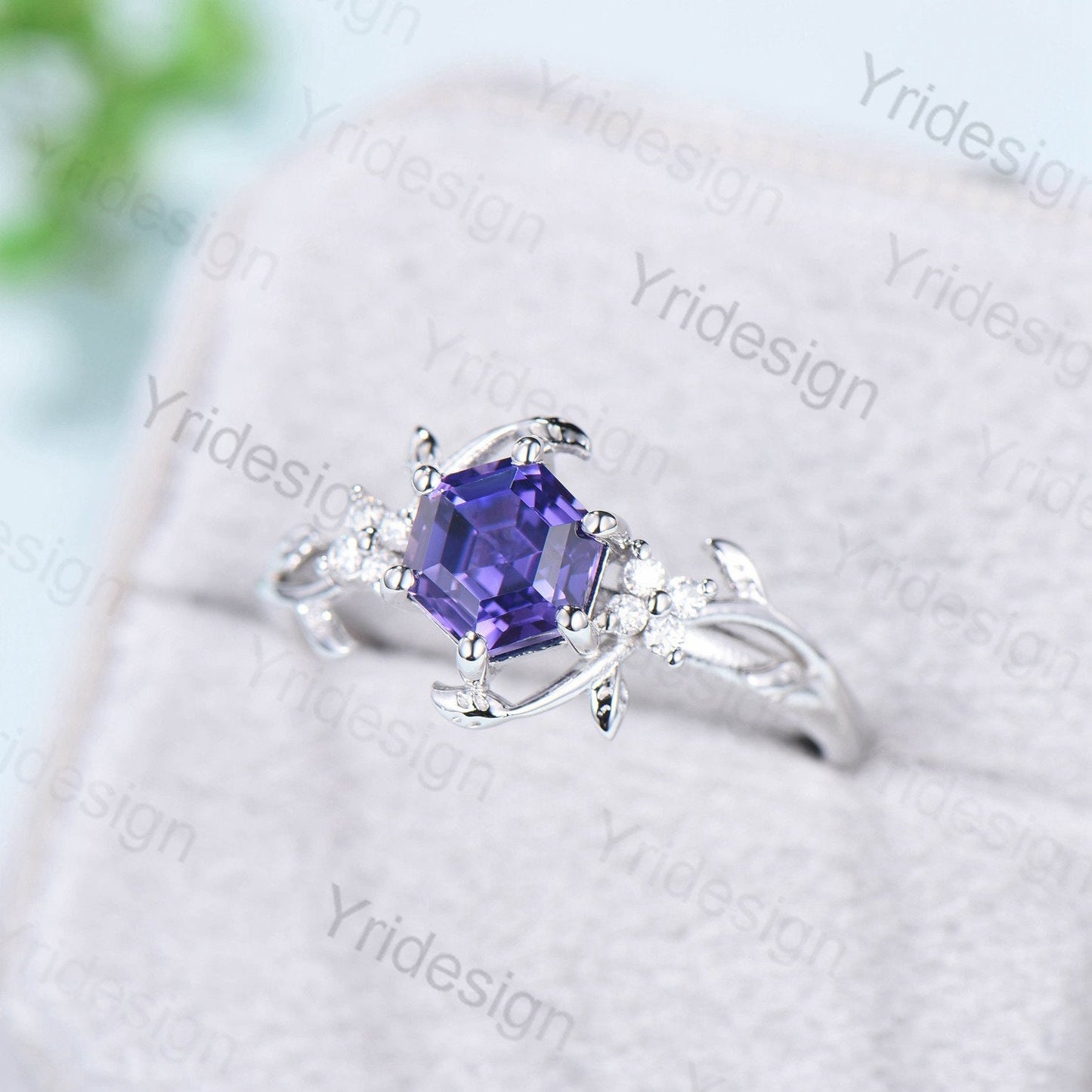 Hexagon Cut Lab Purple Sapphire Ring - Nature Inspired Leaf Vine Band - PENFINE