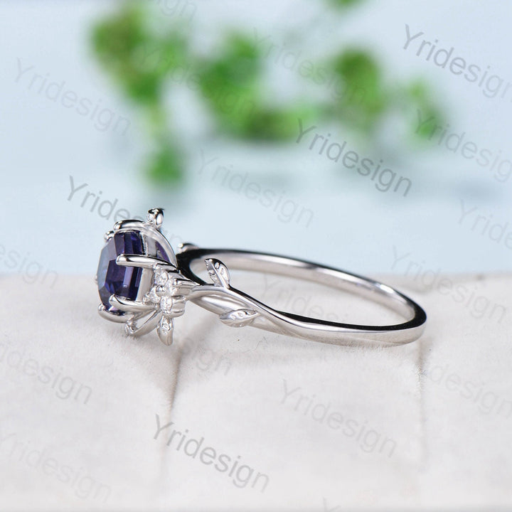 Hexagon Cut Lab Purple Sapphire Ring - Nature Inspired Leaf Vine Band - PENFINE