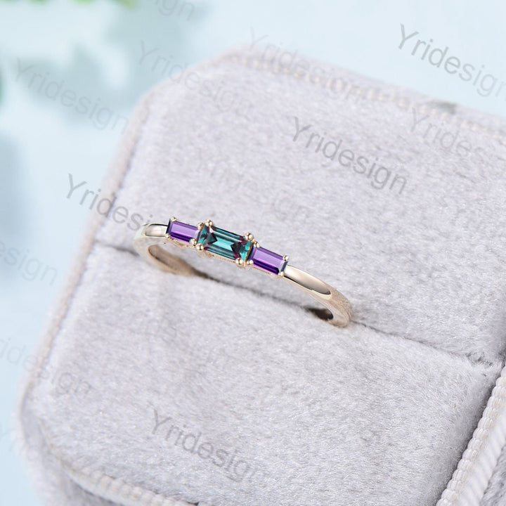 Baguette Alexandrite Amethyst Ring, Three Stone Stacking Band - PENFINE